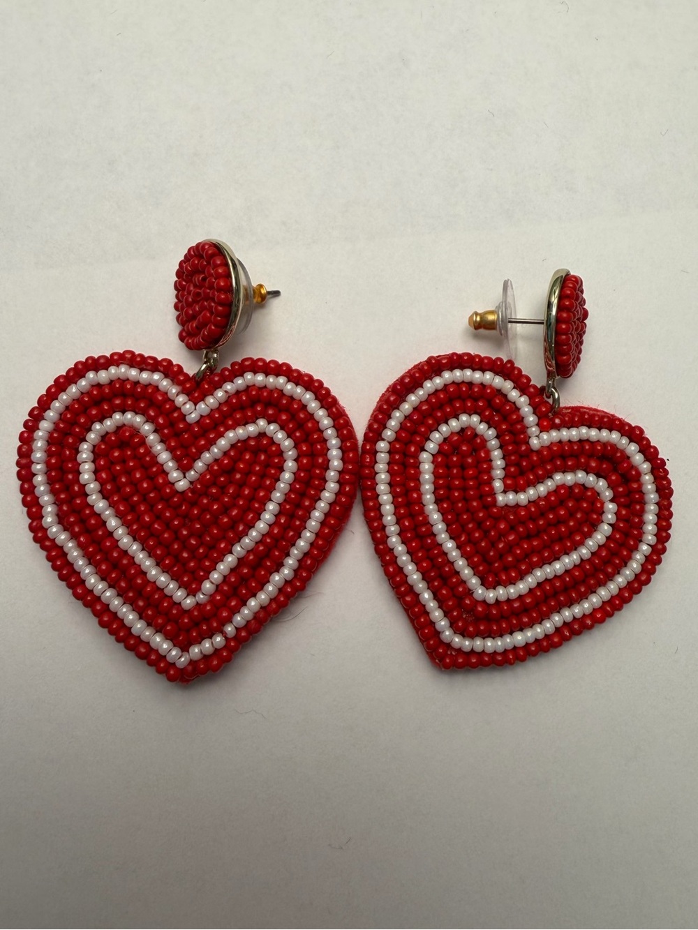 J. Crew Red Beaded Heart Drop Statement Earrings